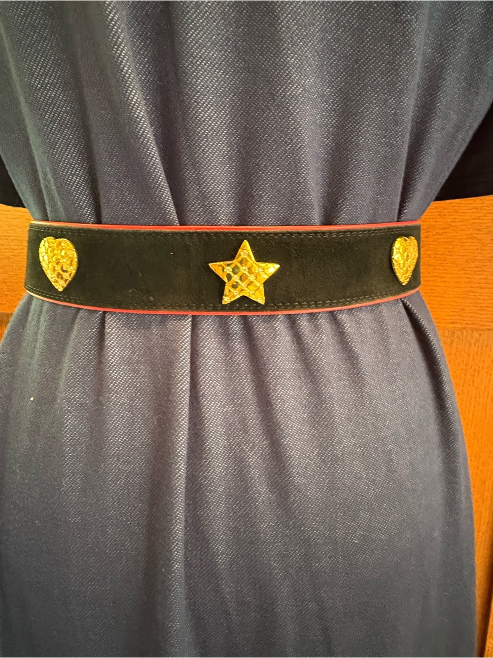 Escada Black Belt with Red Trim and Gold Heart Star Accents West Germany Medium